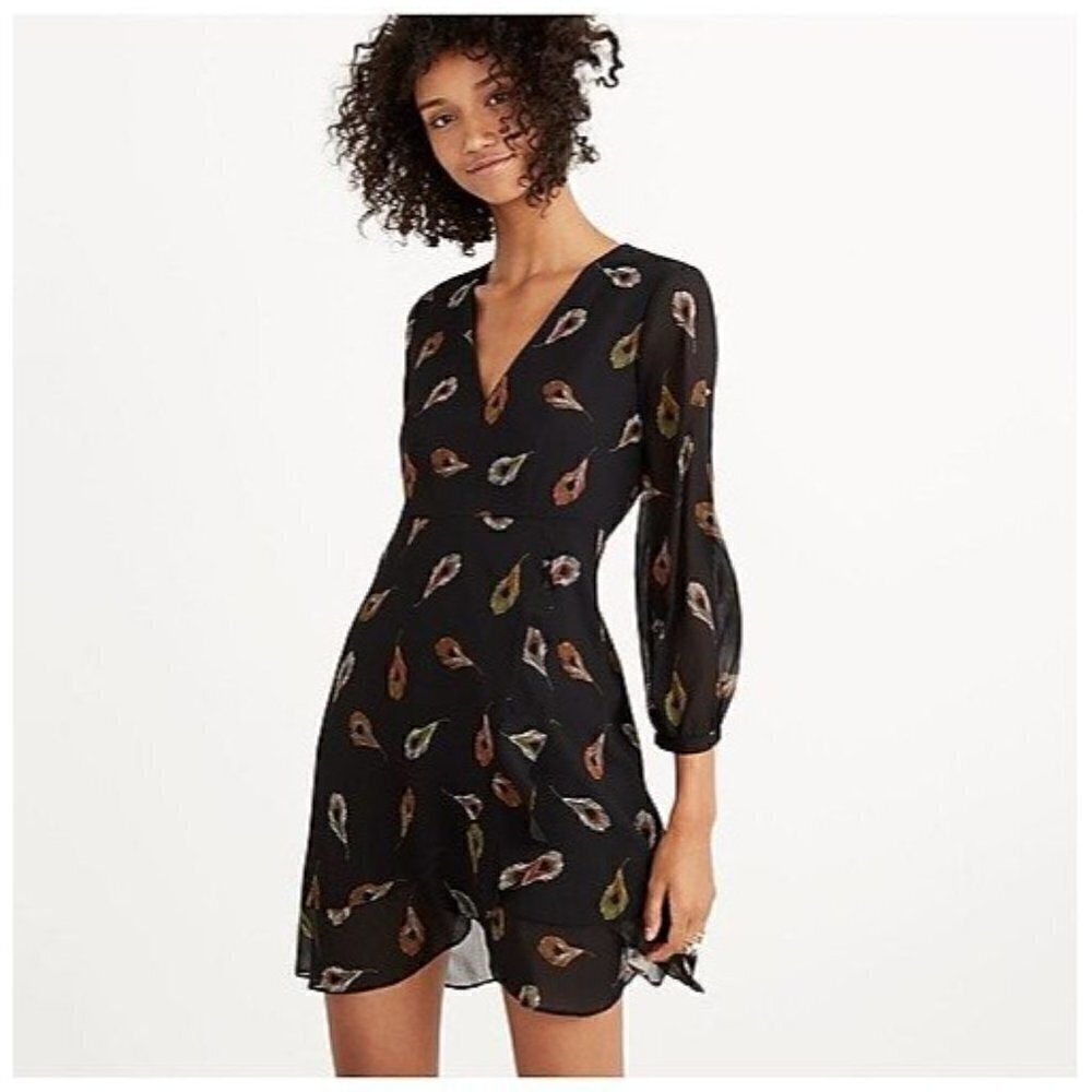 Madewell Black Poppy‎ Wrap Long Sleeve Peacock Mini Dress 6
